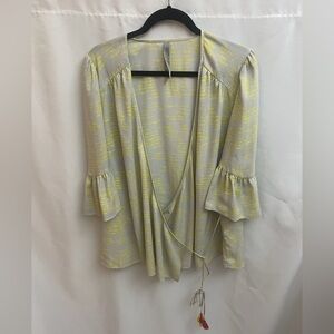 Melissa McCarthy Seven7 Gray Yellow Wrap Blouse Bell Sleeve Tassel Tie 1X